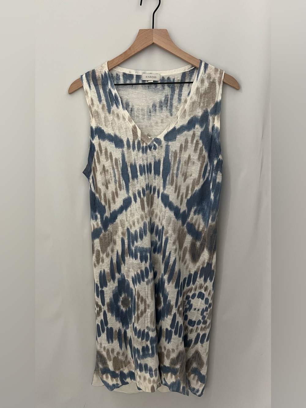 Kinross Beachwood Multi Brushstroke Print Linen Knit Dress V Neck Size M